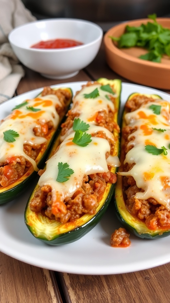 Stuffed zucchini with ground meat and cheese, garnished with parsley, on a rustic table.